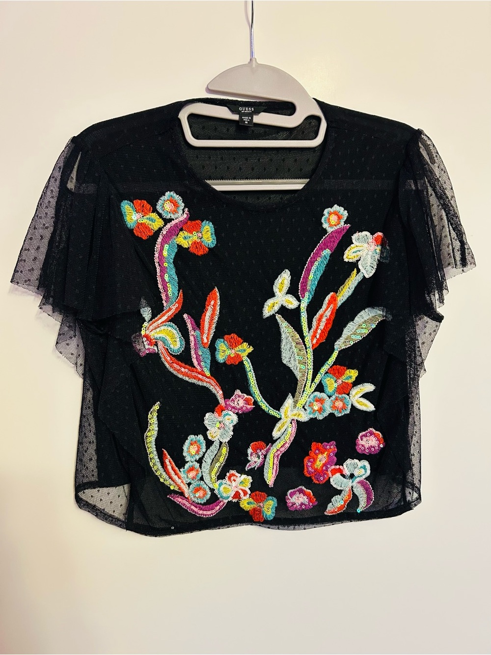GUESS Black Sheer Mesh Floral Embroidered Crop Top - Size Medium